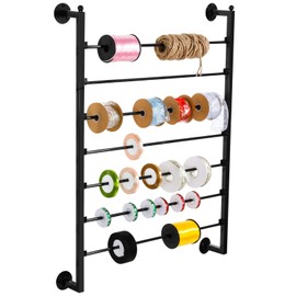 BATTIPAW 7-Tier Modern Black Metal Wall Organizer, Ribbon & Wrapping Paper Roll Holder, Craft Room Shelf