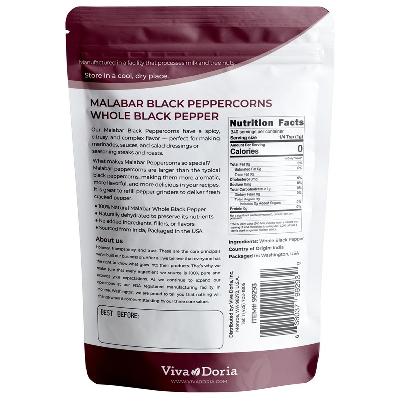 Viva Doria Malabar Black Peppercorns, Whole Black Pepper, Black Peppercorn