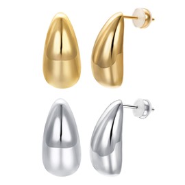 Vissen 2 Pairs Chunky Gold Hoop Earrings Women's 18 K Real Gold Plated Water Drop Pendant Earrings Drop Earrings Nickel Free Fashion Jewellery, Gold-plated
