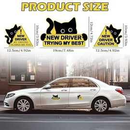 3Pcs New Driver Car Magnet Sticker Set, Funny Cute Cat Design, Caution Warning Signs for Student Drivers,Safety Warning Signs for Student Driver Moderate Size & Long Service Life (Yellow and Black)