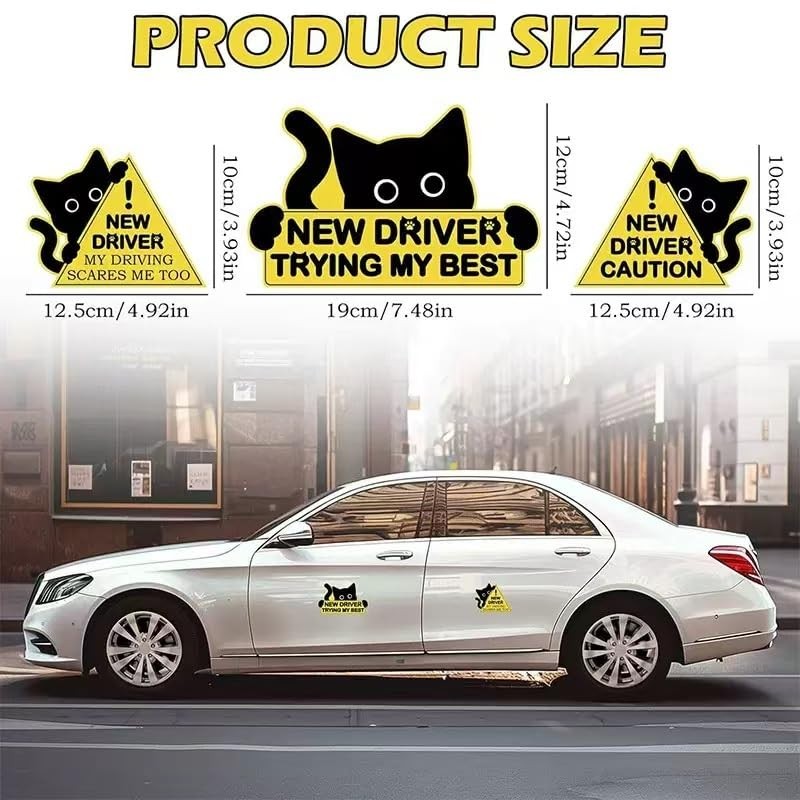 3Pcs New Driver Car Magnet Sticker Set, Funny Cute Cat