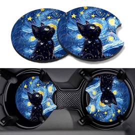 GooodiderX Car Cup Coasters,2 Pack Car Coaster,2.75inch Anti Slip and Absorbent Cars Coasters for Cup Holders,Neopren Accessories for Women,Cute Decor for Women (Starry Cat)