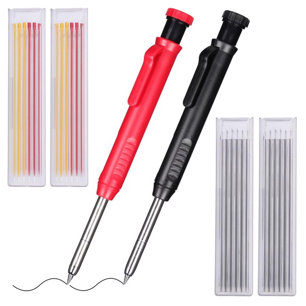 Kinwodon 2 Pcs Carpenters Pencil, Built-in Sharpener Mechanical Carpenters Pencil with 24 Refills, Work Pencils Deep Hole Marker Woodworking Tools for Builders Construction (Black,Red)