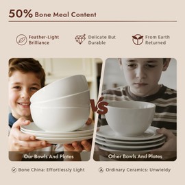 KINGSTONE Bone China Dinnerware Sets, 12-Piece Dinnerware Set for 4, Lightweight Durable, Dishwasher Safe, Tableware for Daily Use with Elegant Design, White