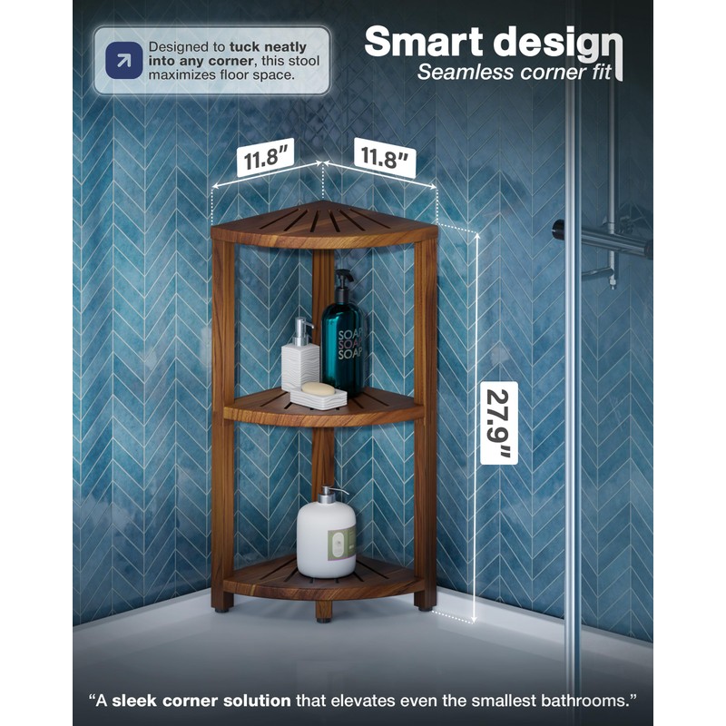 BLUEWEST 3-Tier Corner Shower Caddy Stand, Wood Shower Organizer Standing