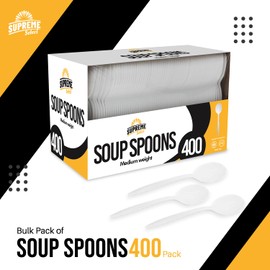 Supreme Select Disposable White Soup Spoon [400-Pack] Medium-Weight Disposable Plastic Cutlery - Durable and Reusable Bulk Utensils for Parties, Picnics, Takeout, Restaurant, School, Home & Office