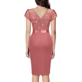 Miusol Women's Classy V-Neck Glitter Sequin Lace Cap Sleeve Cocktail Party Dress (Small, Cinnamon Pink)
