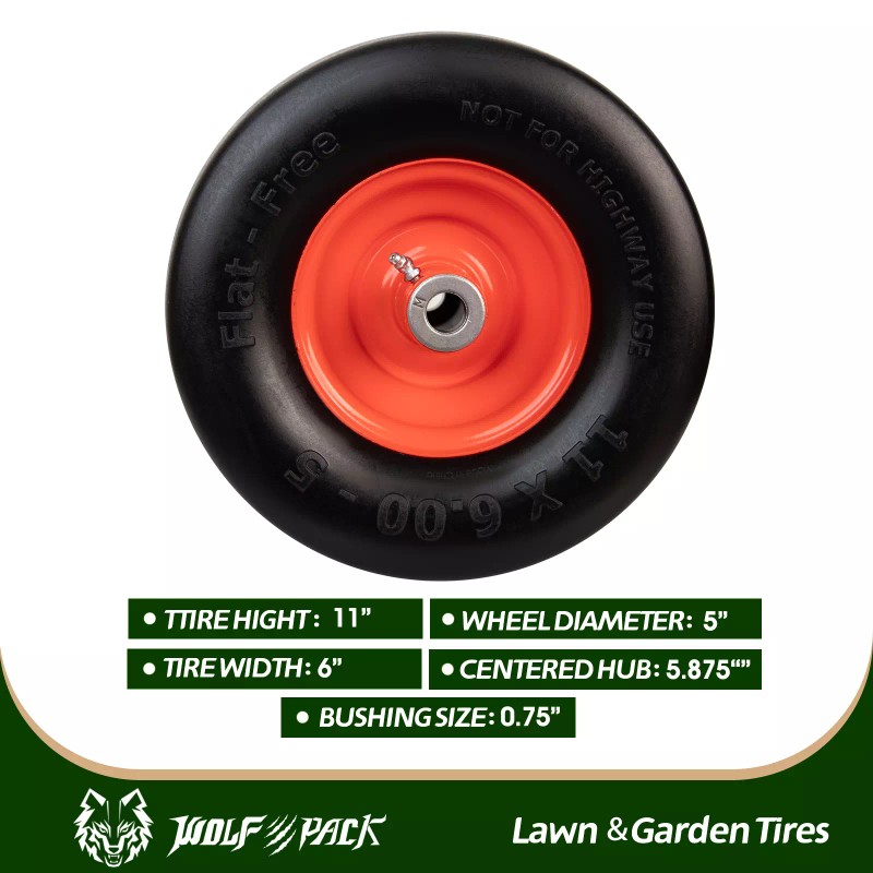 Wolf Pack 11x6.00-5 Flat Free Tire and Wheel, 5.875" Centered