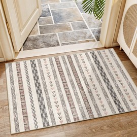 Puino 2x3 Washable Moroccan Area Rug: Geometric Boho Area Rugs for Entryway Small Mat for Kitchen with Non-Slip Backing Indoor Bedroom Door Mat Beige Colourful 2'x3'.