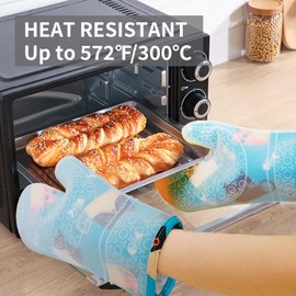 Steel-Land Kitchen Oven Gloves, Heat Resistant Silicone Oven Mitts Up to 572°F, Waterproof & Non-Slip, Thick Double-Layer Cooking Gloves with Cute Cat Design for Oven, Microwave, BBQ & Camping,Green
