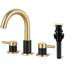 IUERASD Bathroom Faucet 3 Hole, Brushed Gold and Black Bathroom Sink Faucet with Pop Up Drain, 8 inch Widespread Bathroom Faucet with 360° Swivel Spout, 2 Handle Vanity Faucet with Water Supply Hoses