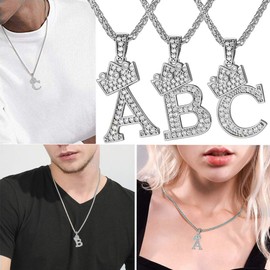JewelBeauty Alphabet Crowned Initial Necklace Iced Out King Crown Cubic Zirconia Letter Pendant 24" Rope Chain Necklaces, from A to Z (O, b. Silver Tone Crown Letter Necklace)