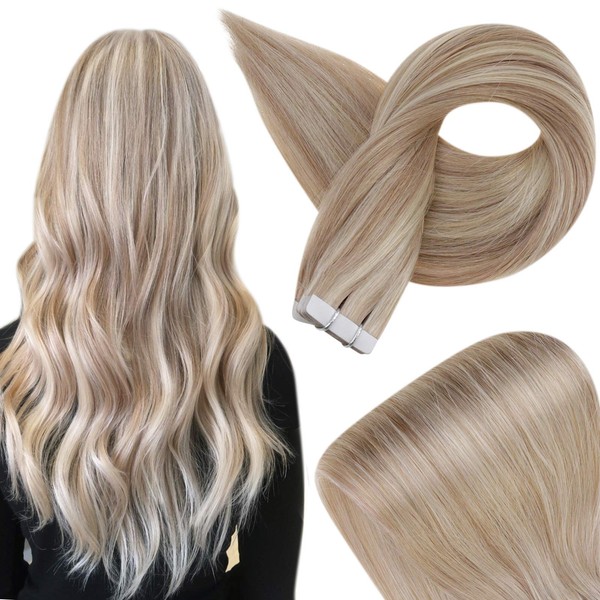 Fshine Straight Tape in Hair Extensions 20 Inch Tape in Extensions Remy Human Hair Highlighted Color 18 and 22 Blonde Human Hair Tape Ins 20Pcs 50 Gram Reusable Tape in Hair Extensions