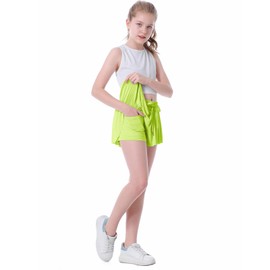 Flowy Shorts for Girls Butterfly Shorts for Kids Teens Preppy Tennis Running Athletic Shorts with Liner(Neon Green,5-6 Years)