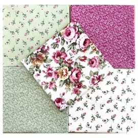 Fat Quarter Bundle - Pretty Pink & Green Rose Bud Floral Mix Bunting Craft Fabric Material