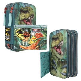 Depesche 11757 Dino World Danger-Filled 3-Compartment Pencil Case with Trex Motif, Dark Green Pencil Case with Colouring Pencils, Ruler, Scissors and Much More, Blue [Toy]