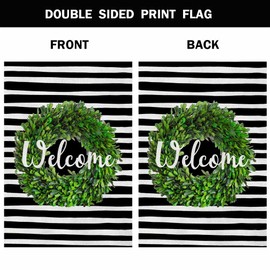 AOYEGO Boxwood Wreath Welcome House Flag 28 x 40 Inch Large Vertical Double Sided Black and White Stripes Background Seasonal Outside Décor for Garden Yard Farmhouse Flags