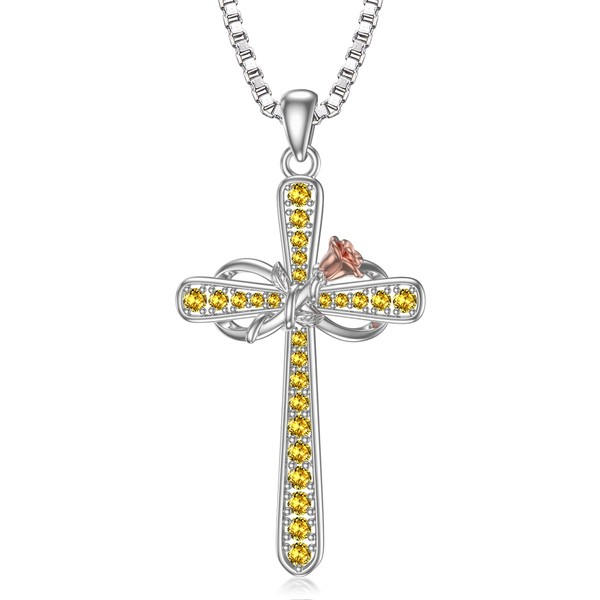 Cross Necklace for Women Sterling Silver November Birthstone Necklace Citrine