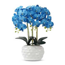 Orchid Artificial Flowers with White Vase Large Silk Faux Phalaenopsis Flowers for Dining Room Table Floral Centerpieces Indoor Decoration,Blue