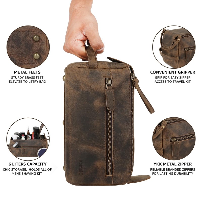 KOMALC Premium Buffalo Leather Unisex Toiletry Bag Travel Dopp Kit