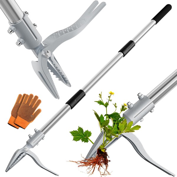 Nfie Weed Puller Tool with Gloves, 50'' Long Handle Stand