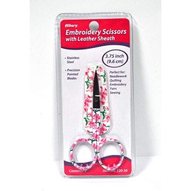 3 3/4 inch Daffodil Themed Embroidery Scissors in Leather Sheath