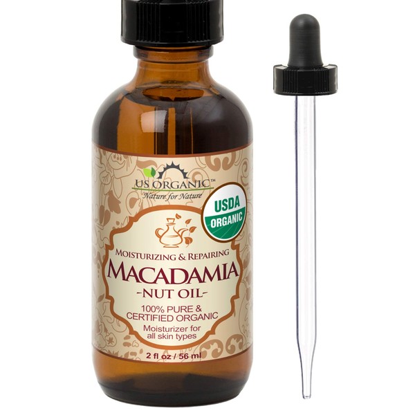 Aceite orgánico de nueces de macadamia virgen sin refinar, certificado orgánico, puro y natural, prensado en frío, en botella de vidrio ámbar con cuentagotas de vidrio para una fácil aplicación (2 onzas (pequeño))