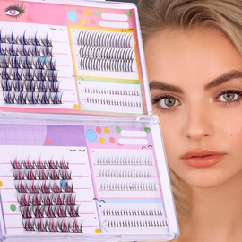 Uranian Cluster Eyelash Extensions DIY False Eyelashes with Color C Curl Natural Individual Lash Extensions Faux Mink Lashes for Women and Girls (Blue & Pink)