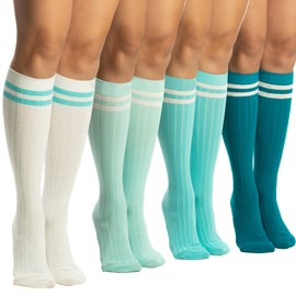 SERICI Knee Socks | 4 Pairs Striped Cotton Knee High Socks For Men or Women | Tube Socks (Turquoise & Teal)