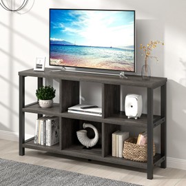 FOLUBAN 6 Cube Storage Organizer with Shelf, Wood and Metal Cubby Bookcase, Industrial Low Horizontal Bookshelf (Dark Grey, 47 Inch)