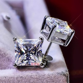 Square Stud Earrings 18k Gold Plated 925 Sterling Silver 4 Prong Square Cubic Zirconia Ear Stud for Women Men Girl