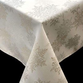 CAIT CHAPMAN HOME COLLECTION Holiday Silver Gold Snowflakes Metallic Jacquard Woven Tablecloth (70"x144" Tablecloth)