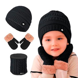 Bluelander Juego de Gorro, Bufanda y Guantes para Invierno, Calentador para Cuello, Ideal Niñas, Niños, Hombre y Mujer, Set 3 piezas, A Prueba de Viento, Forro de Lana (Negro, Unitalla)