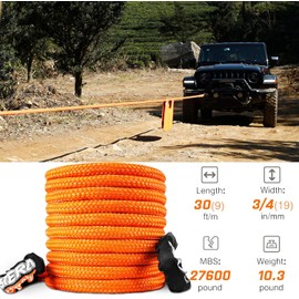 Kinetic Recovery Tow Rope 3/4 in x 30 FT, with Heavy-Duty Offroad Snatch Strap, Vehicle Orange Recovery kit for Jeep car Truck ATV UTV SUV