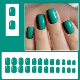 24Pcs Short Press On Nails Square Fake Nails Blackish Green Nails Press Ons With Artificial Glossy Designs Full Cover False Nails Acrylic Glue On Nails Reuseable Stick On Nails For Women