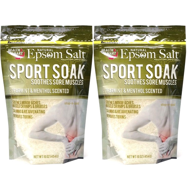 Health Smart Natural Epsom Salt Sport Soak, Spearmint & Menthol Scented 16 Oz (2 Pack)