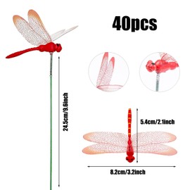 Allazone Pack of 40 Dragonfly Garden Stakes, Garden Dragonfly Decoration, Double Wings Dragonfly on Sticks, Garden Dragonfly Poles, Garden Ornaments for Yard, Patio, Party Decorations