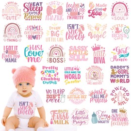 Dazoratix Baby Iron on Transfers - 30 Pcs Pink Ready to Press Heat Transfer Vinyl Stickers Onesie Decorating Kit Bodysuit Patches for Girl Shower Gender Reveal Party T-Shirts Hat DIY Crafts