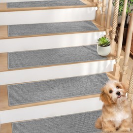 Xaarmonex Natural Linen Stair Treads for Wooden Steps, 15 Pcs 8" x 30",Non Slip Stair Runner, Peel and Stick Carpet Indoor for Kids Elders and Pets (15, Grey, 8" x 30")
