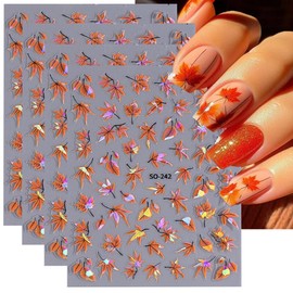 Fall Nail Art Stickers Decals Autumn Maple Leaf Nail Stickers 6PCS 3D Laser Maple Leaf Design 3D Nails Adhesive Stickers Thanksgiving Nail Art Supplies Manicure Accessories for Nail Art Decorations