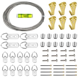 SDTC Tech Picture Wire Hanging Kit Supports Up to 40lbs with D-Rings, Wall Hanging Hooks, 50ft Stainless Steel Wire Rope, Level, Aluminum Crimping Loop Sleeve & Screws for Painting Photo Mirror Frame