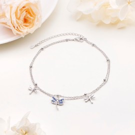 HOOHWE Dragonfly Ankle Bracelets Jewelry Anklet for Women Teen Girls Sterling Silver Dragonfly Blue Zirzon Anklet Chain Link Anklets