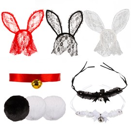 EHRBGK Pack of 9 Easter Bunny Headband Sexy Rabbit Costume Women's Bunny Ears Veil Headbands Rabbit Ears Headband Necklaces Made of Lace Women's Bunny Rabbit Tail Costume Accessories for Costume Party