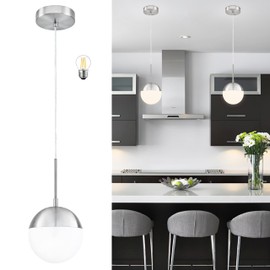 Mccokaige 6 Inch Nickel Mid Century Modern Pendant Light Pendants for Kitchen Island Frosted Milky White Glass Globe Height-Adjustable Modern Hanging Globe Pendant Light for Bedroom (Bulb Incl)