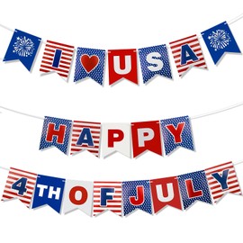 KICOSY I Love USA Happy 4th of July Banner - Red White Blue American Flag Bunting, Patriotic Decorations for Independence Day, Memorial Day & More - Indoor/Outdoor Use