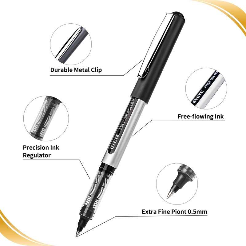 EYEYE 0.5mm Black Rollerball Pens 25 Pack, Extra Fine Point