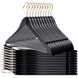 Quality Black Wooden Hangers - Slightly Curved Hanger Set of 30-Pack - Solid Wood Coat Hangers with Stylish Chrome Hooks - Heavy-Duty Clothes, Jacket, Shirt, Pants, Suit Hangers (Black-Gold Hook, 30)