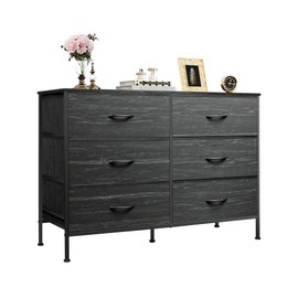WLIVE 6 Drawer Dresser for Bedroom, Wide Fabric Dresser TV Stand for 50 Inches TV with Metal Frame, Wooden Top, Chest of Drawers, Dressers for Living Room, Hallway, Charcoal Black Wood Grain Print