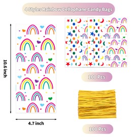 GOMANCHE 100 Pcs Cellophane Treat Bags, Rainbow Star Dot Moon Goodie Bags with 100 Twist Ties for Pride Day, Kids School Lunches, Baby Showers, Birthday Parties