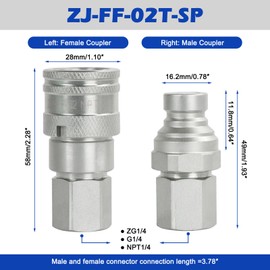 SINOCMP 1/4" Body & 1/4" NPT Hydraulic Quick Connect Fittings Thread Set - Flat Face Hydraulic Couplers with Dust Caps, High Flow Skid Steer ISO 16028 Hydraulic Fittings